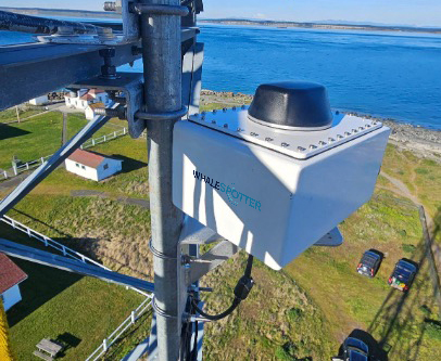 A WhaleSpotter unit mounted on a tower with a water view in the background